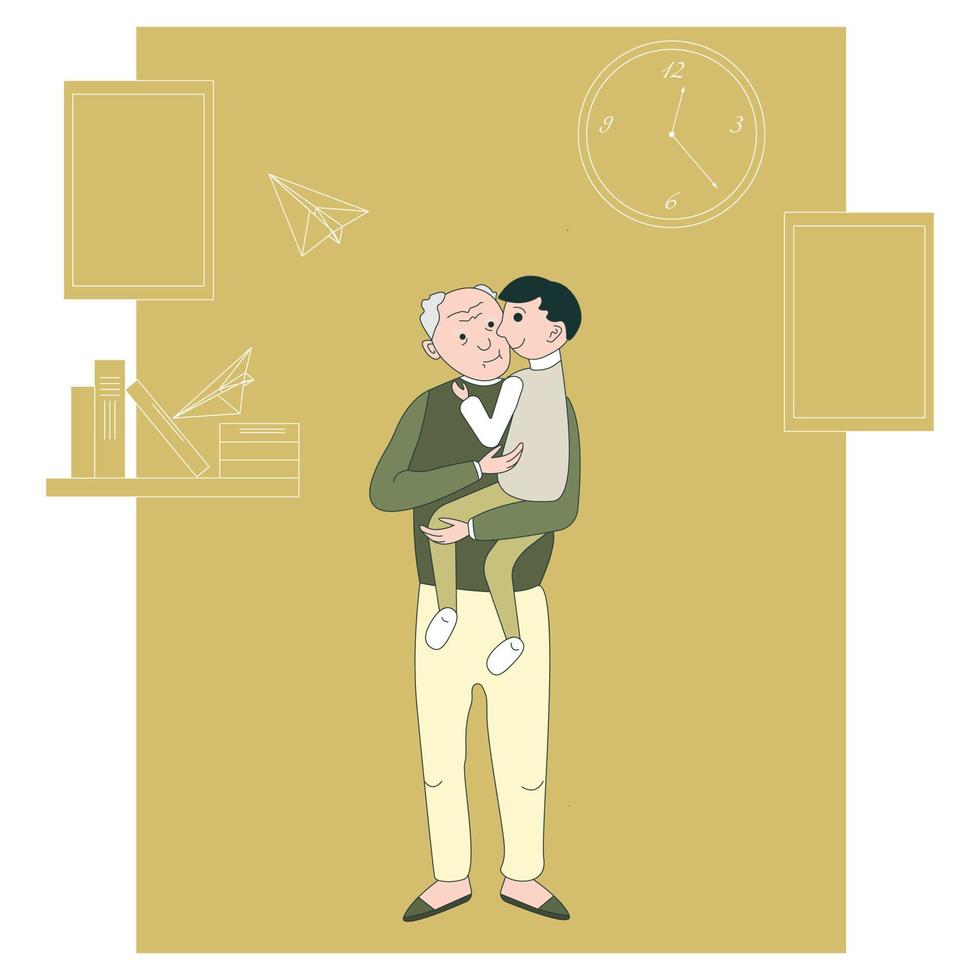 Grandfather With Grandson. Funny Old Man With Walking Cane And With Boy. Colorful Cartoon Vector