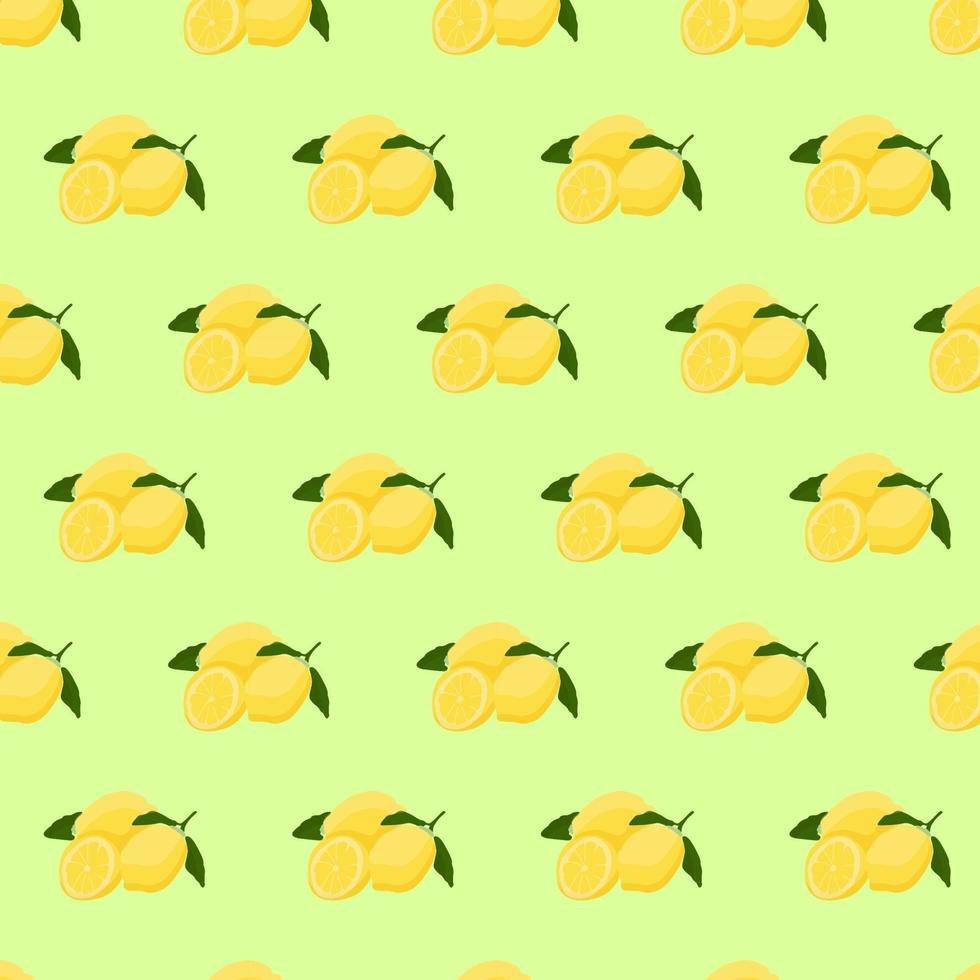 Seamless pattern with lemon on green background. Continuous one line drawing lemon. Black line art on green background with colorful spots. Vegan concept vector