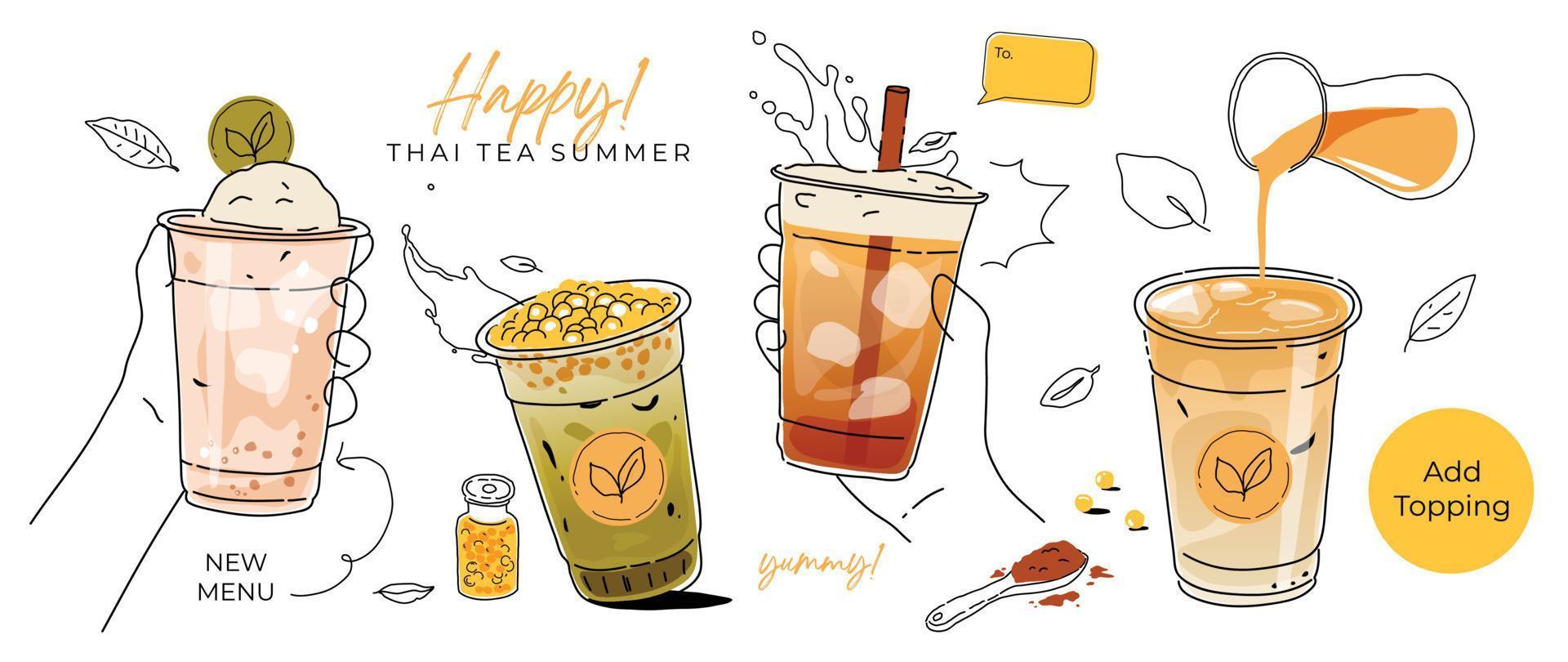 Ice tea summer drinks special promotions design. Thai tea, matcha green tea, fresh yummy drinks, bubble pearl milk tea, soft drinks with topping. Doodle style for advertisement, banner, poster. vector