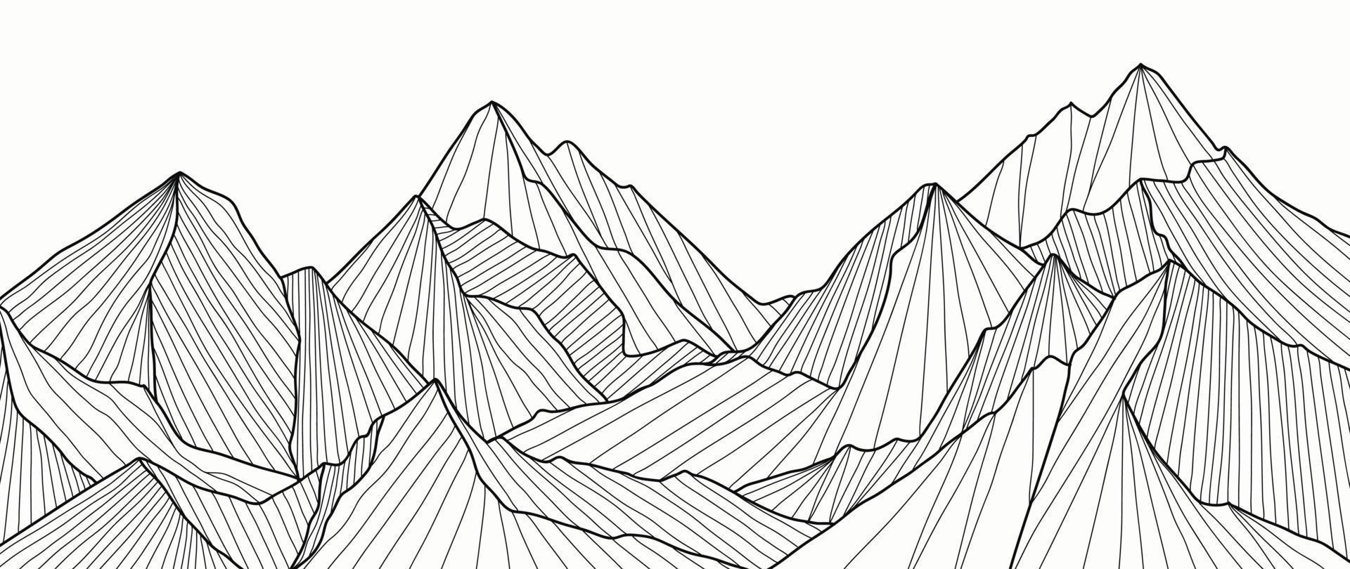 Black and white mountain line art wallpaper. Contour drawing luxury scenic landscape background design illustration for cover, invitation background, packaging design, fabric, banner and print. vector