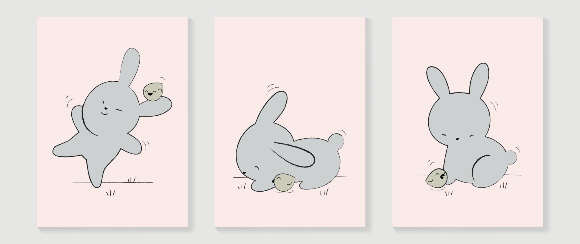 Cute comic easter wall art vector set. Collection of adorable hand drawn playful rabbit and baby chick. Design illustration for nursery wall art in doodle style, baby, kids poster, card, invitation.