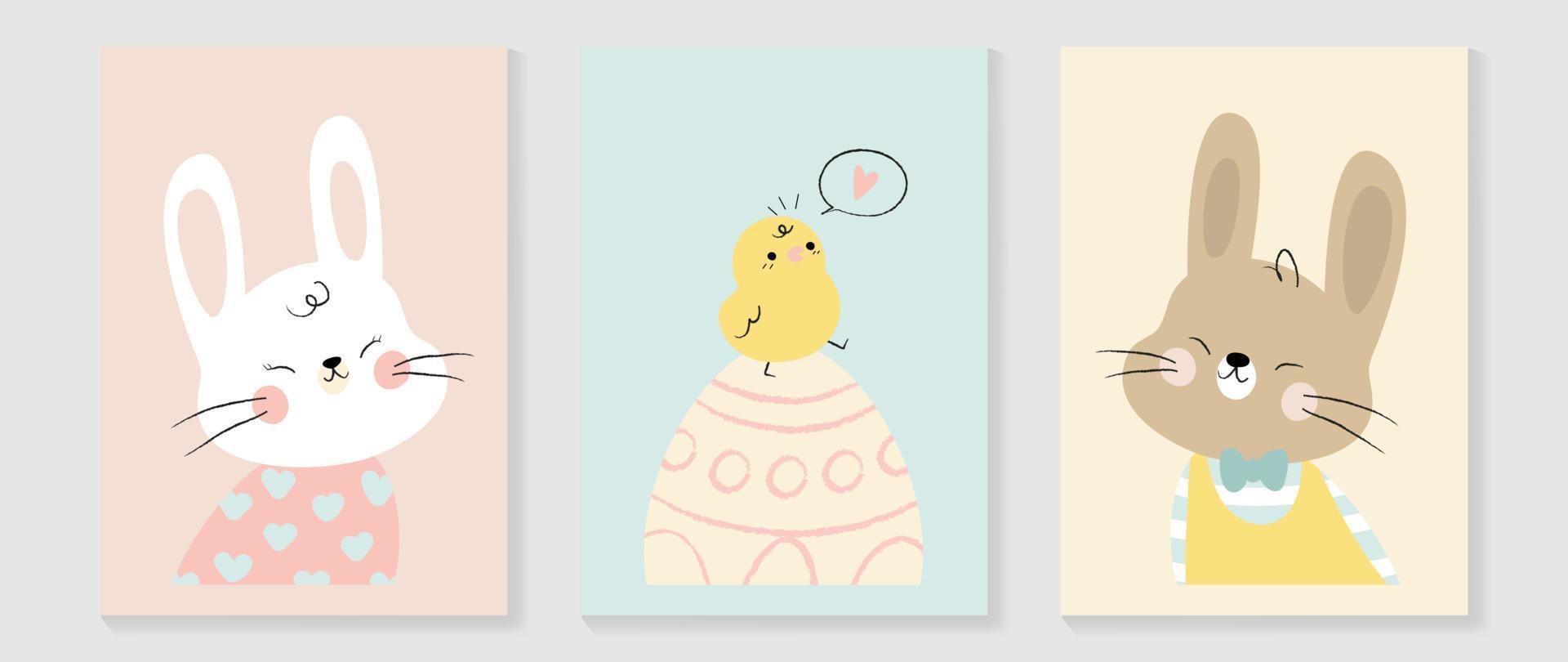 Cute comic easter wall art vector set. Collection with adorable hand drawn rabbit, easter egg, chick. Design illustration for nursery wall art in doodle style, baby, kids poster, card, invitation.