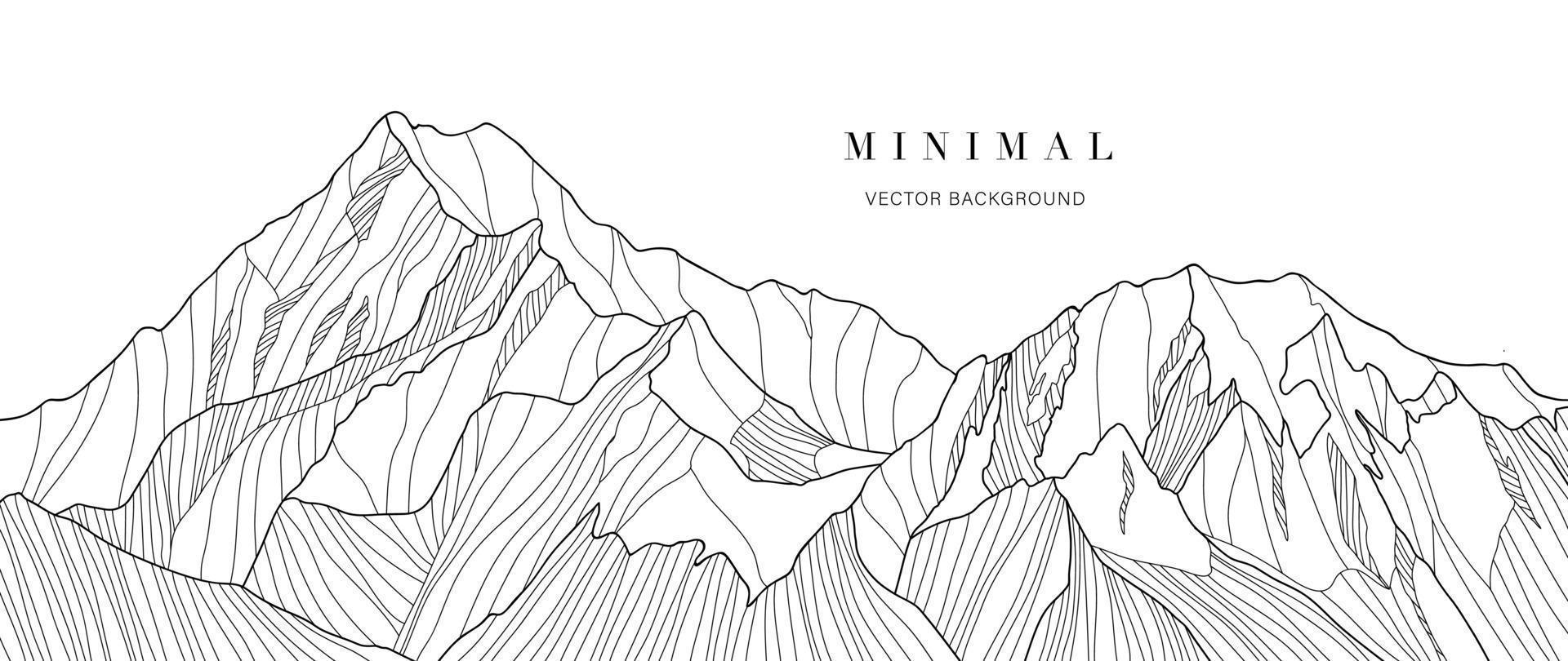 Black and white mountain line art wallpaper. Contour drawing luxury scenic landscape background design illustration for cover, invitation background, packaging design, fabric, banner and print. vector