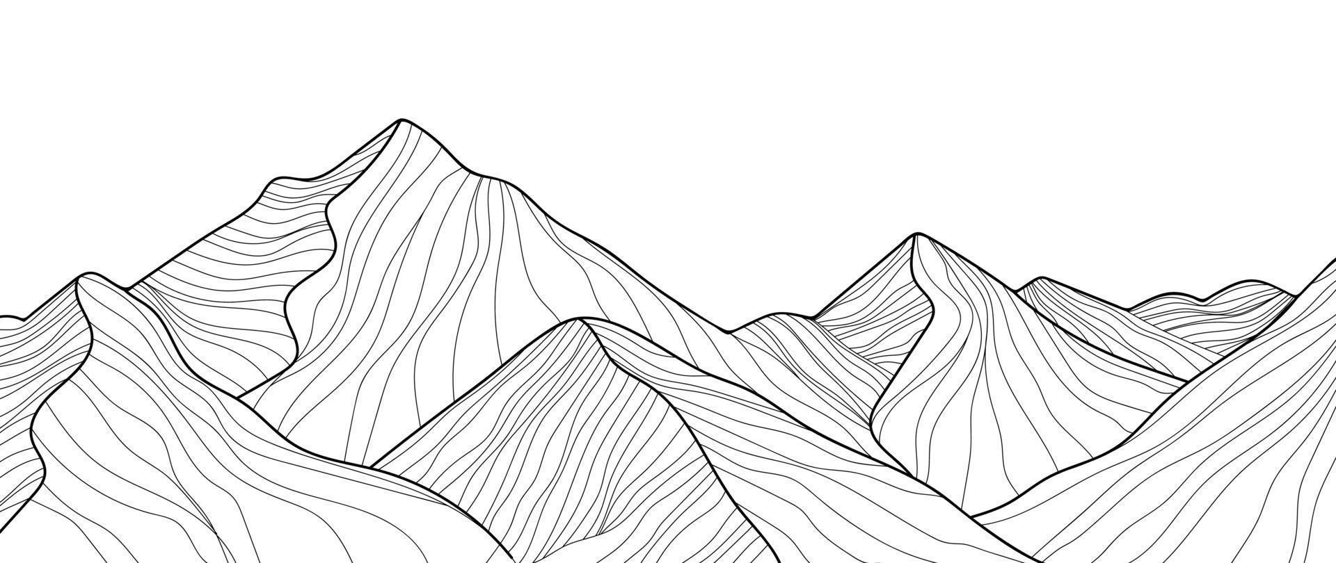 Black and white mountain line art wallpaper. Contour drawing luxury scenic landscape background design illustration for cover, invitation background, packaging design, fabric, banner and print. vector