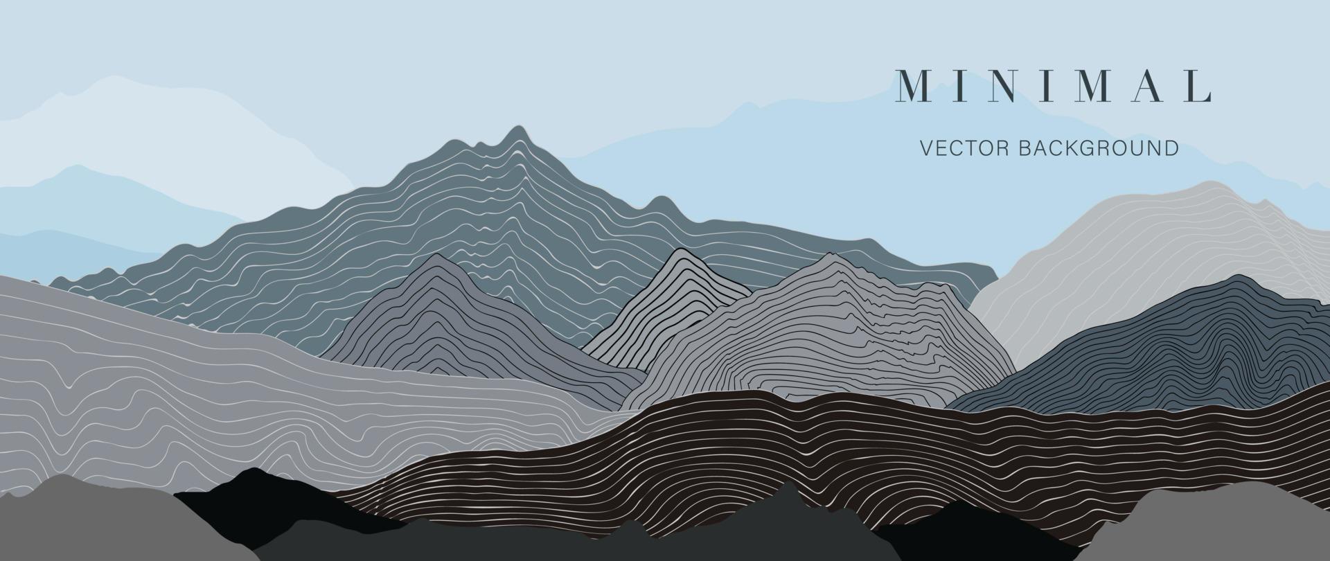 Mountain wallpaper background vector. Contour drawing line art texture scenic landscape sky and hills in minimalist style. Design illustration for cover, invitation, packaging, fabric, poster, print. vector