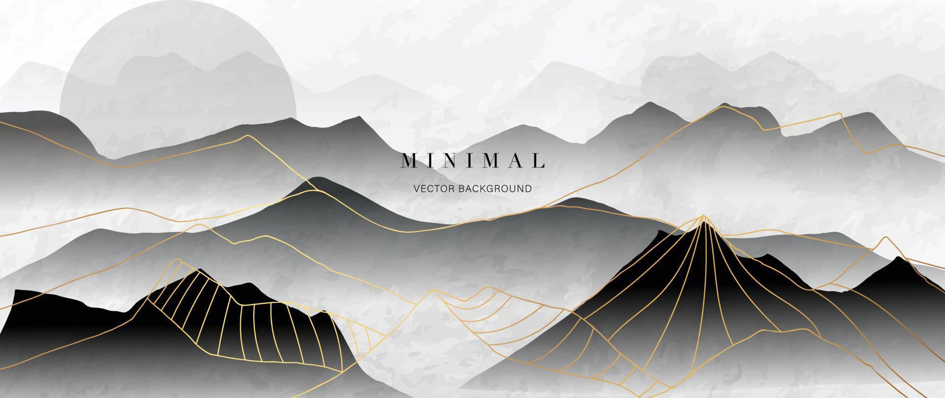 Luxury mountain wallpaper with black scenic landscape. Watercolor and gold line art texture hills background vector. Design illustration for cover, invitation, packaging, fabric, poster, print. vector