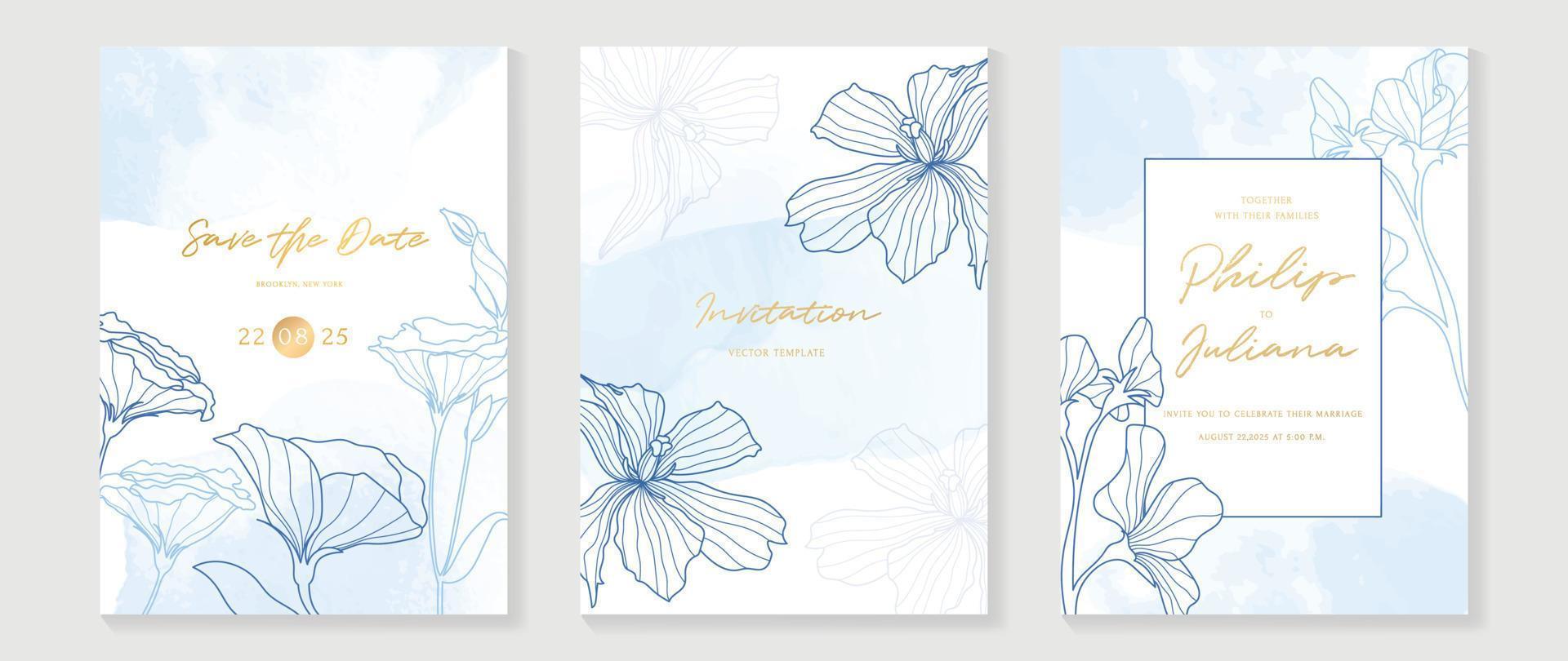 Luxury wedding invitation card background vector. Blue color theme botanical flowers line art with watercolor texture background. Design illustration for wedding and vip cover template, banner. vector