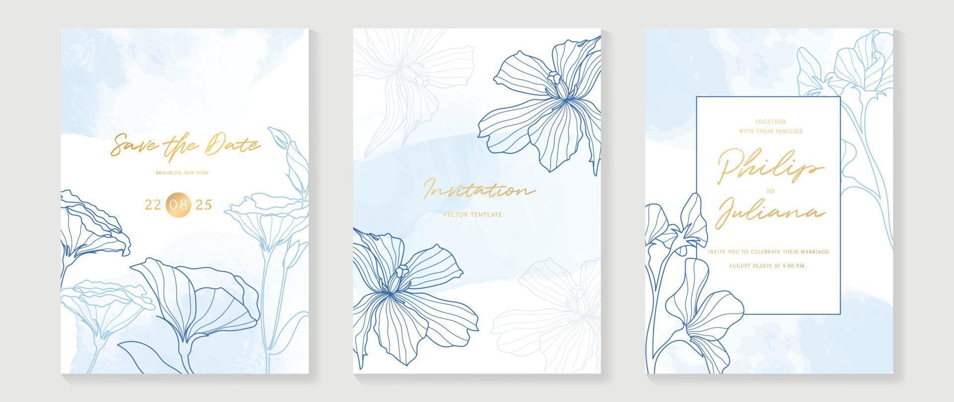 lujo Boda invitación tarjeta antecedentes vector. azul color tema botánico flores línea Arte con acuarela textura antecedentes. diseño ilustración para Boda y VIP cubrir plantilla, bandera. vector