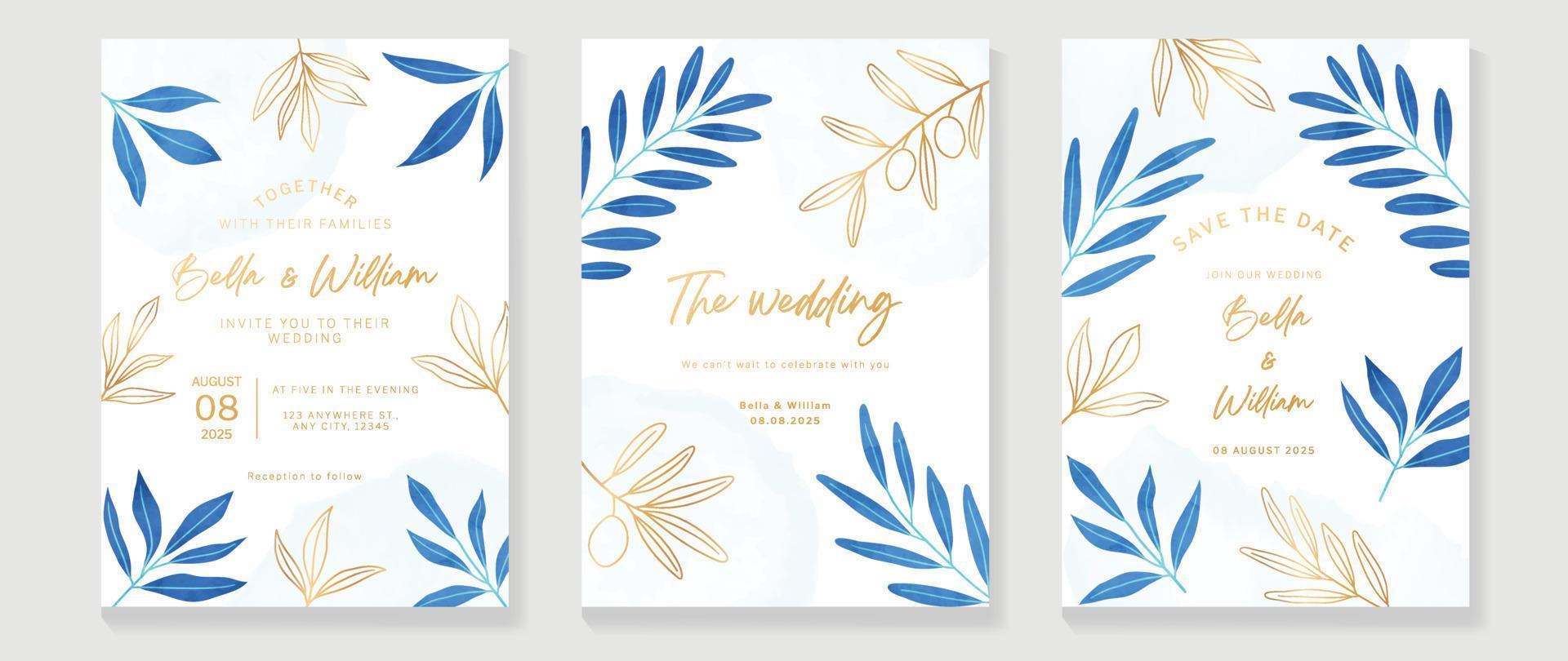 lujo Boda invitación tarjeta antecedentes vector. acuarela botánico hoja rama en azul color tema con oro línea Arte textura. diseño ilustración para Boda y VIP cubrir plantilla, bandera. vector