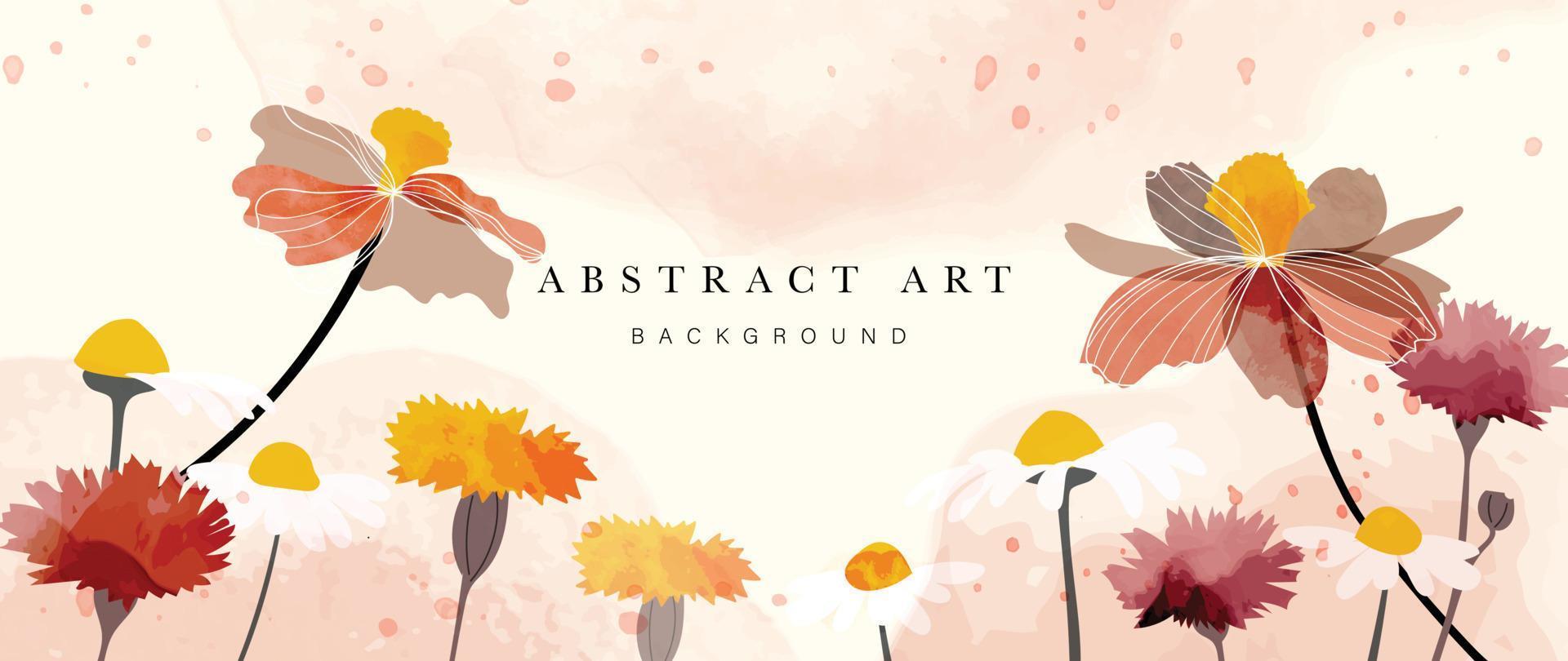 Abstract floral art background vector. Botanical watercolor hand drawn flowers paint brush line art. Design illustration for wallpaper, banner, print, poster, cover, greeting and invitation card. vector