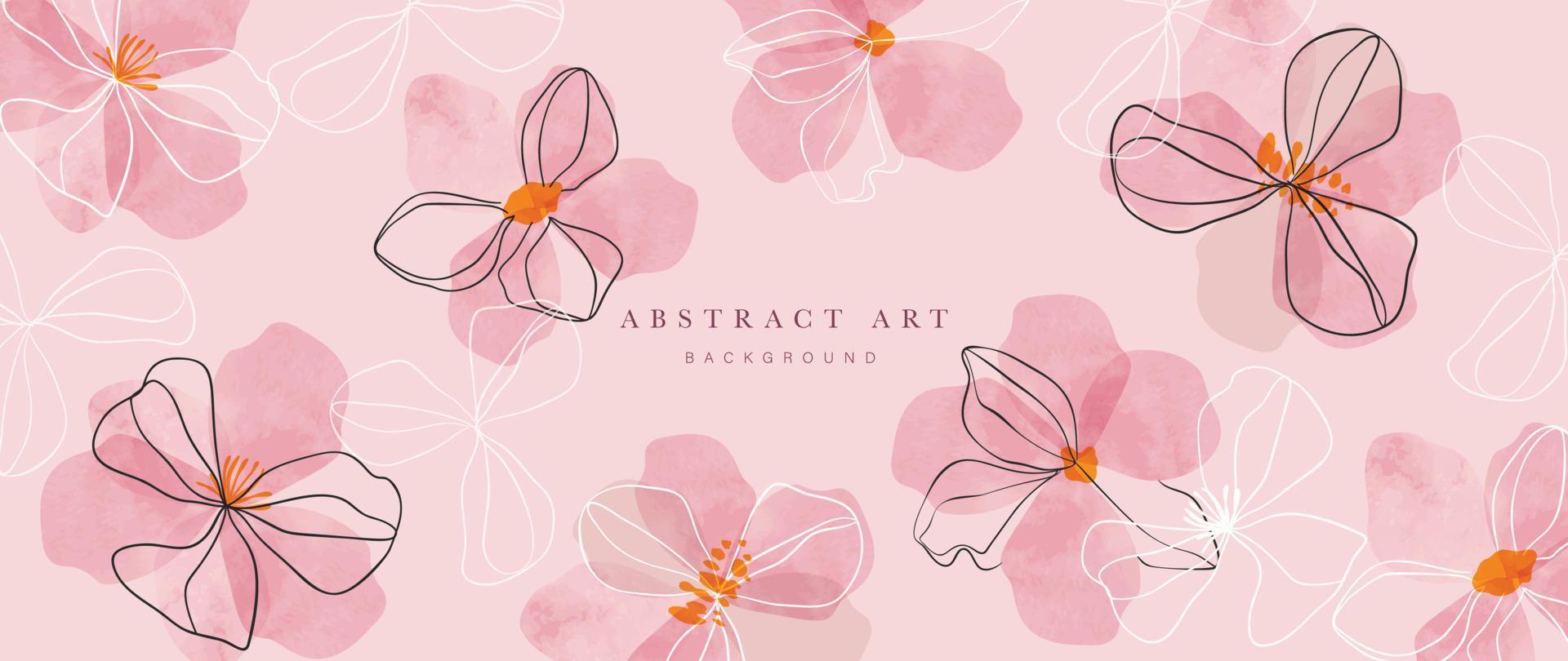 Abstract floral art background vector. Botanical watercolor hand painted pink flowers with black and white line art. Design for wallpaper, banner, print, poster, cover, greeting, invitation card. vector