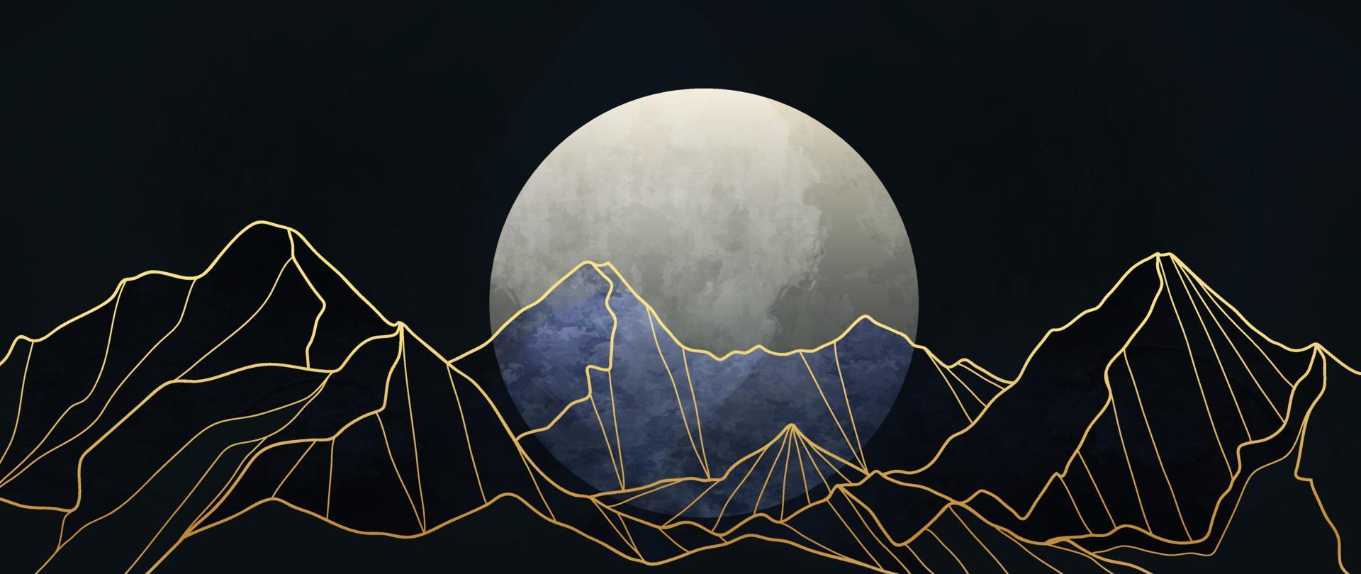 lujo montaña fondo de pantalla con noche escénico paisaje. acuarela lleno Luna y dorado línea Arte colinas antecedentes vector. diseño ilustración para cubrir, invitación, embalaje, tela, póster, impresión. vector