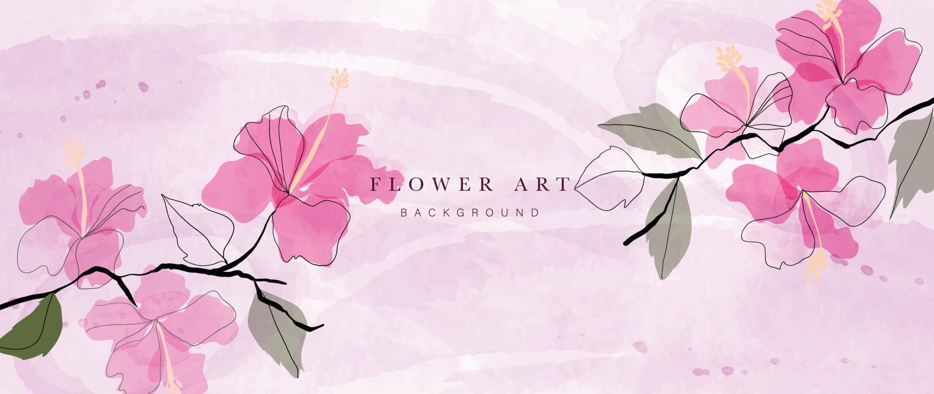 Abstract floral art background vector. Botanical watercolor hand painted pink hibiscus flowers, leaf branch line art. Design for wallpaper, banner, print, poster, cover, greeting, invitation card. vector