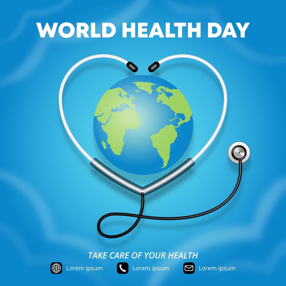 Square world health day background with the earth and a love shape stethoscope vector