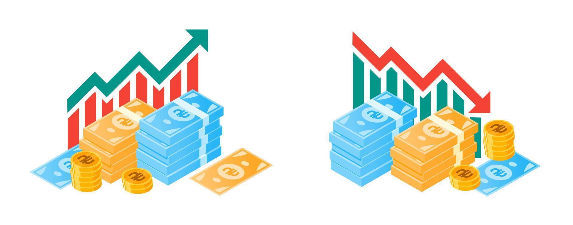 Ukrainian Hryvnia Fluctuation with Money Bundle Illustrations vector