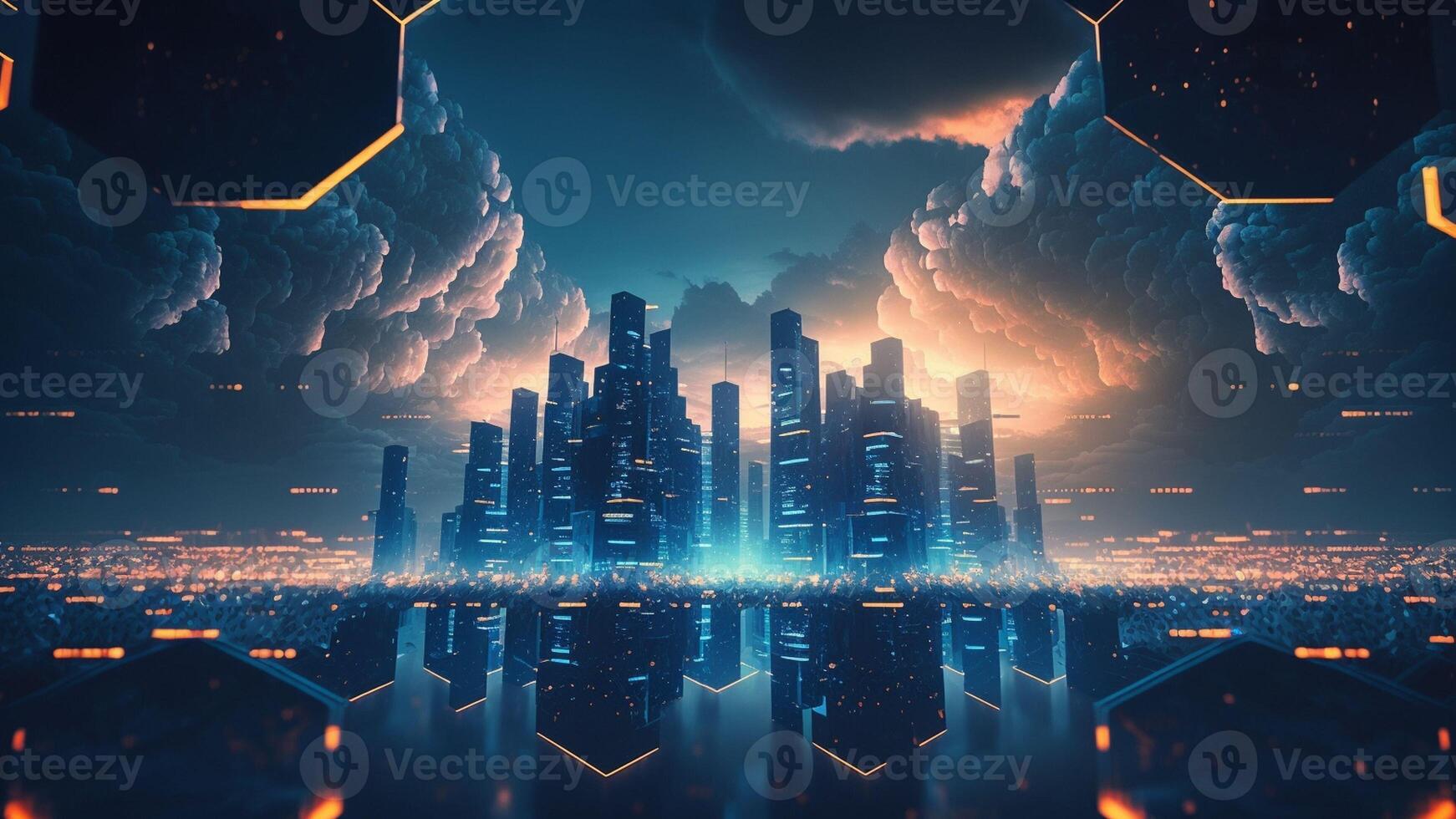 Vibrant and Nostalgic futuristic hexagon cityscape with . photo