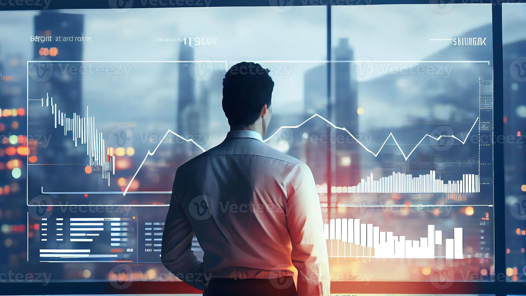 Businessman looking at abstract financial charts in sky on city background. Business information concept with . photo