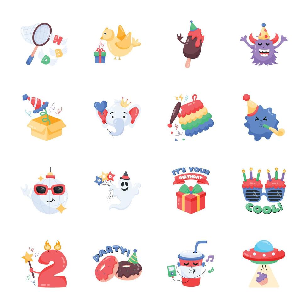 Set of Birthday Fun Flat Stickers vector