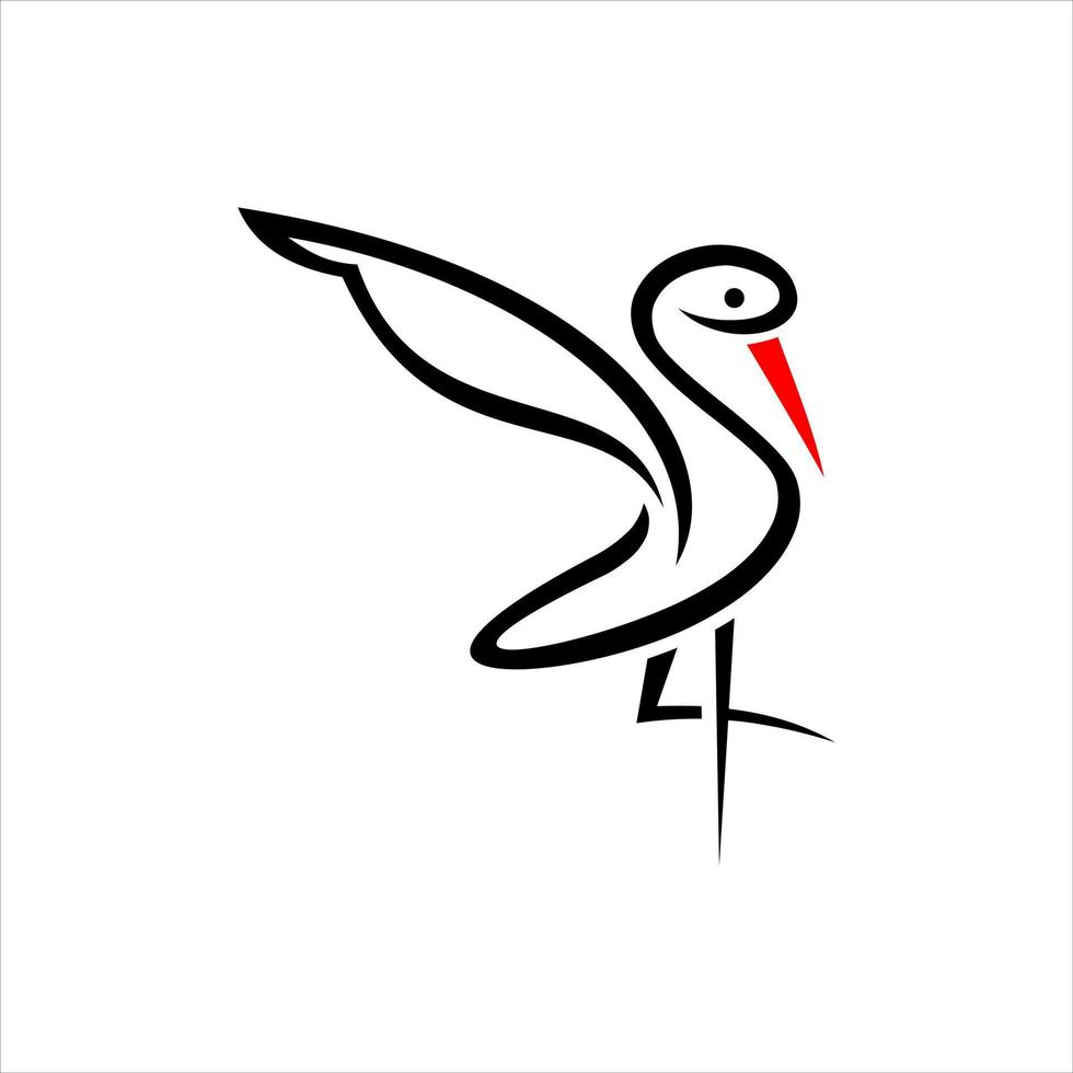 A bird with a red beak and a black and white tail is drawn in a black line. vector