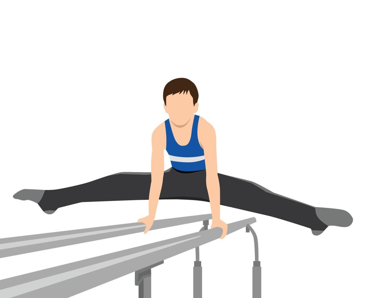 Young boy balancing on parallel bars. Young professional gymnast. Teenager in sportswear. Artistic gymnastics vector