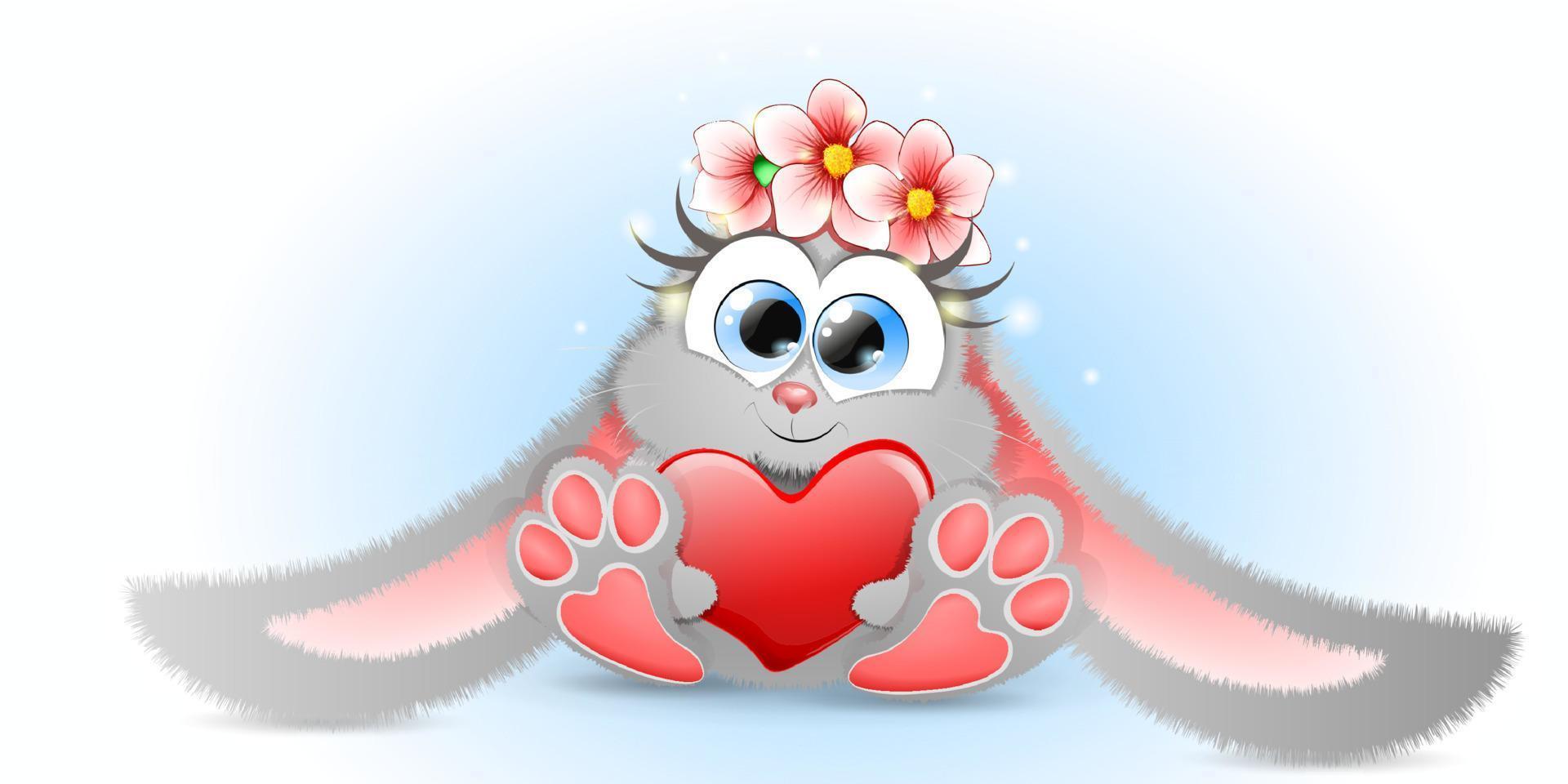 Cute fluffy cartoon grey Bunny with big red heart and wreath of flowers. vector