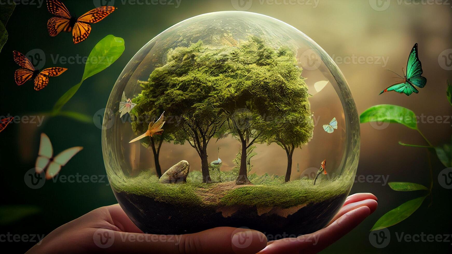 Holding a tree in a ball, Ecology and Environment concept with . photo