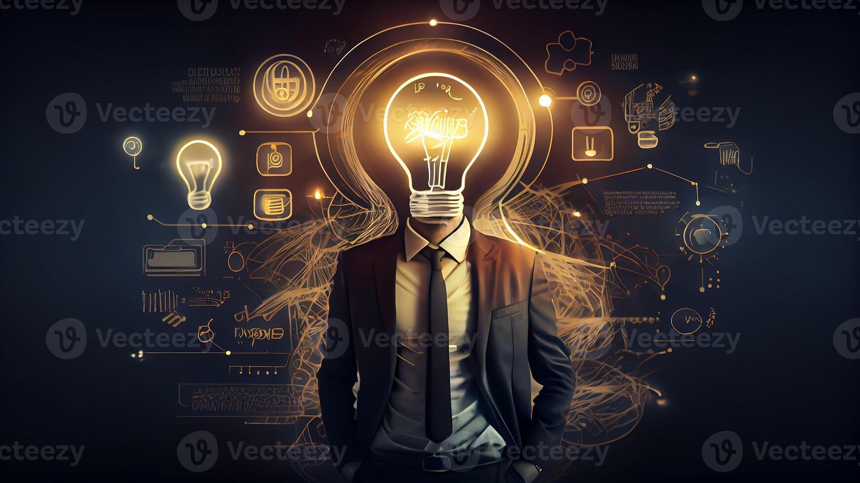 Businessman with bright light bulb. Idea concept to bring new ideas Great inspiration and new start innovation with Technology. photo