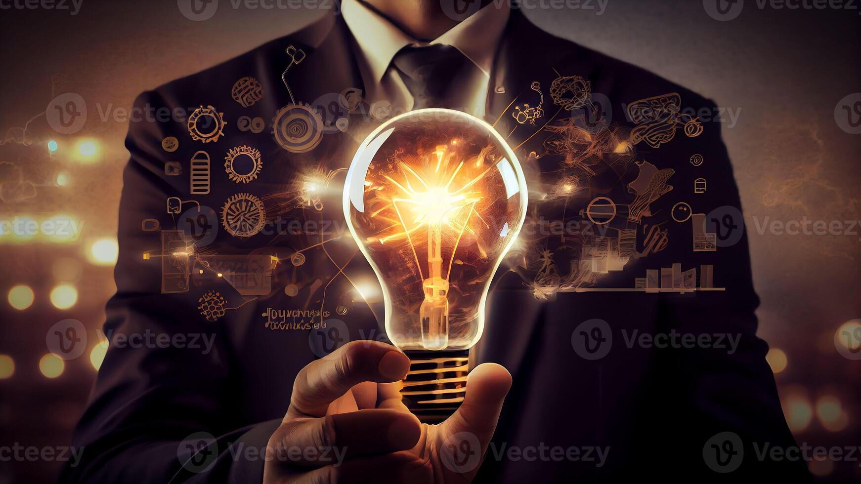 Businessman with bright light bulb. Idea concept to bring new ideas Great inspiration and new start innovation with Technology. photo