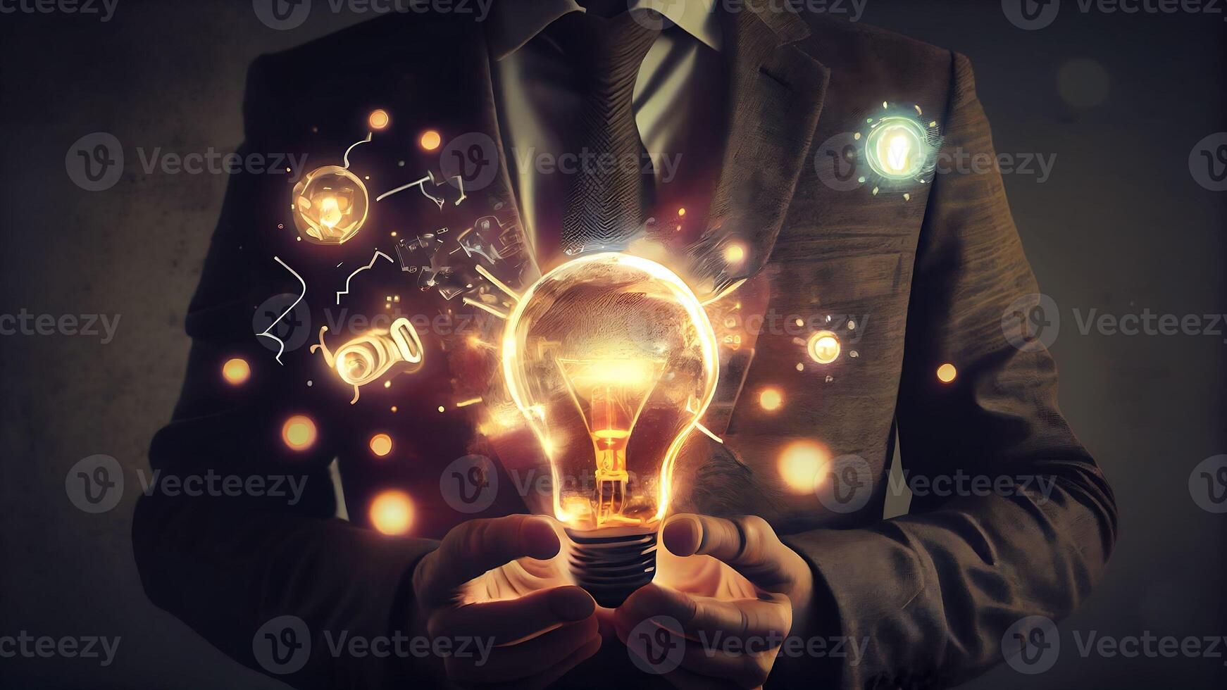 Businessman with bright light bulb. Idea concept to bring new ideas Great inspiration and new start innovation with Technology. photo