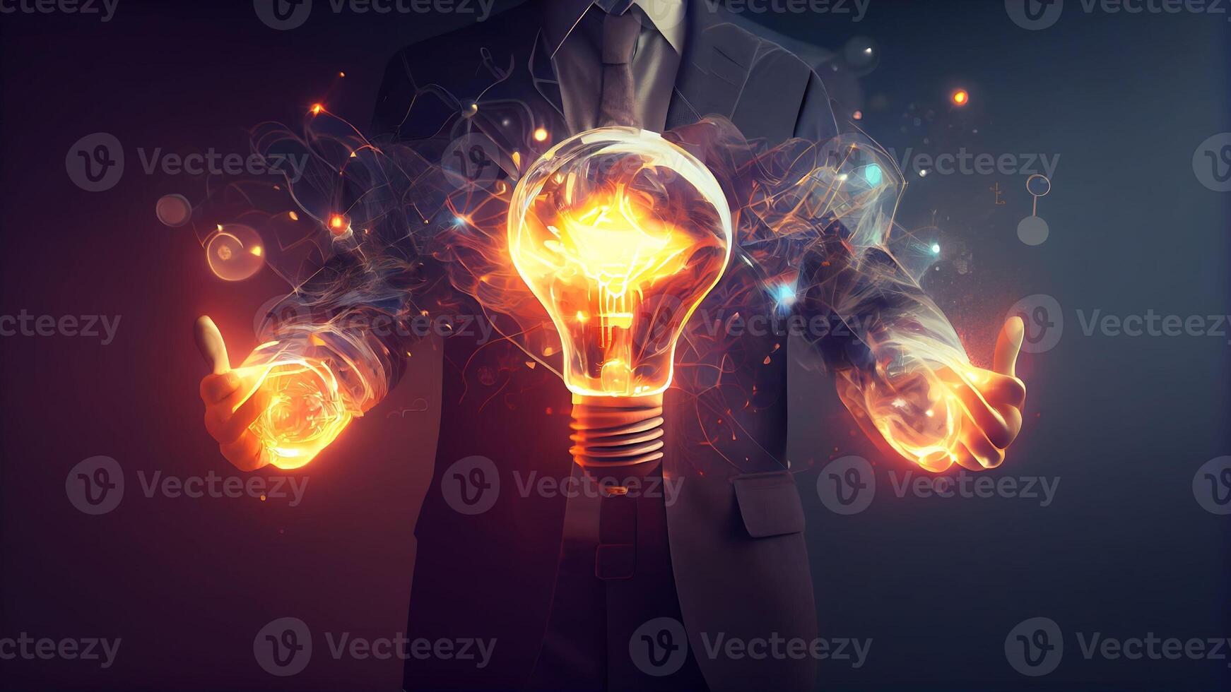 Businessman with bright light bulb. Idea concept to bring new ideas Great inspiration and new start innovation with Technology. photo