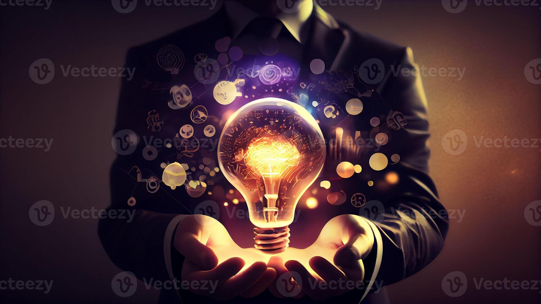 Businessman with bright light bulb. Idea concept to bring new ideas Great inspiration and new start innovation with Technology. photo