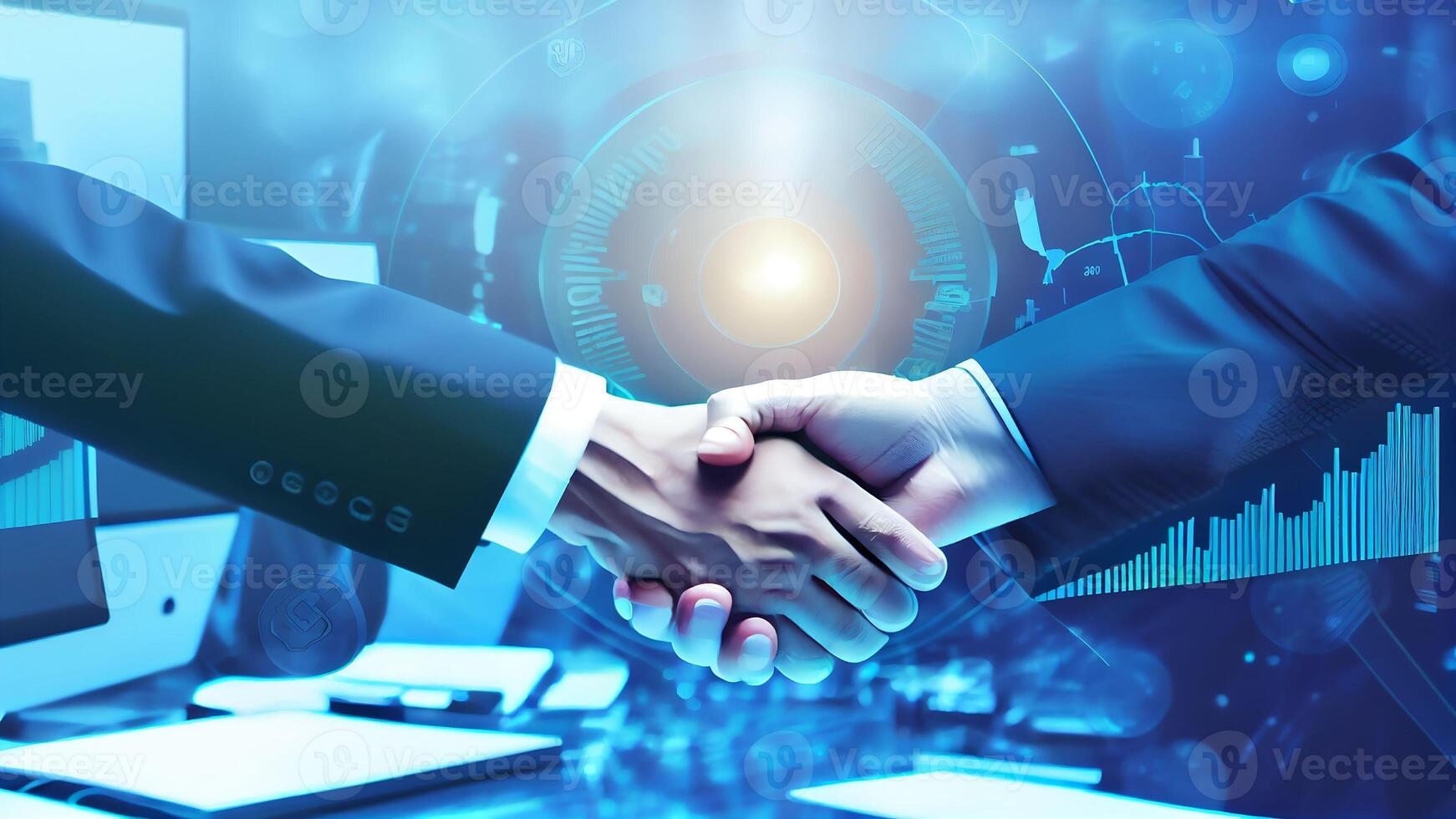 Business people shaking hands and city night background, teamwork and partnership concept with . photo