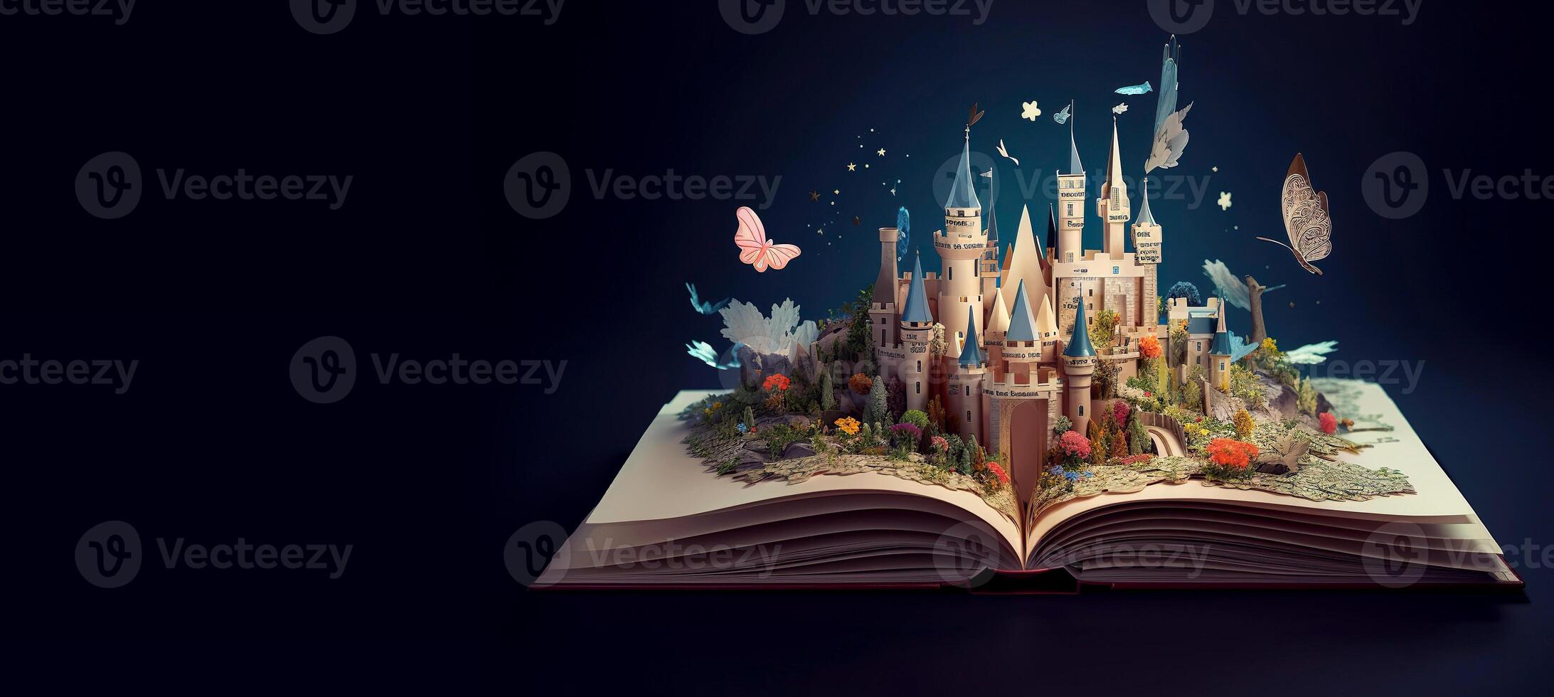 Banner of an open book with a fantasy world popping out. World book day. . photo