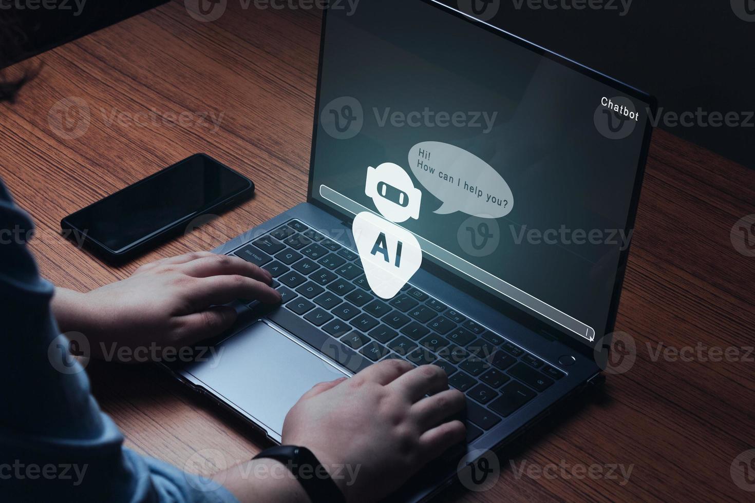 Woman entering commands prompts to an AI. Chat concept AI. Artificial Intelligence. Futuristic technology transformation. photo