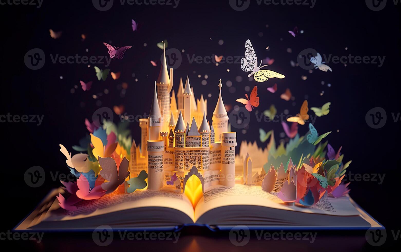 Open book with a fantasy world popping out. World book day. . photo