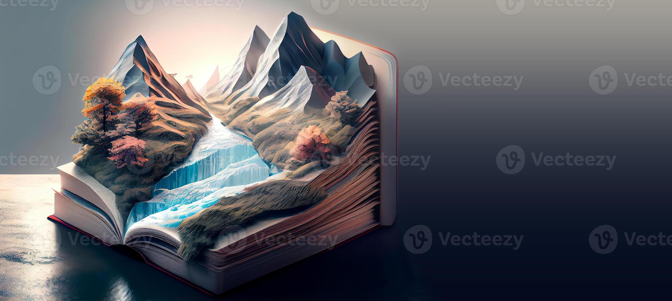 Banner with open book with a fantasy landscape photo popping out. World book day. .