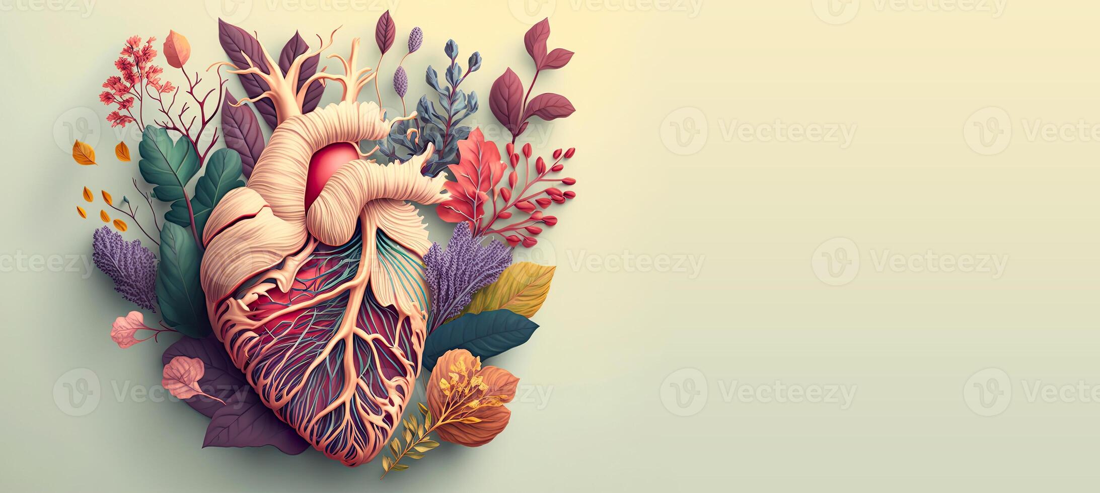 Banner of human hearth with flowers. Love and emotion concept. Mental health. Be kind. Help and charity. . photo
