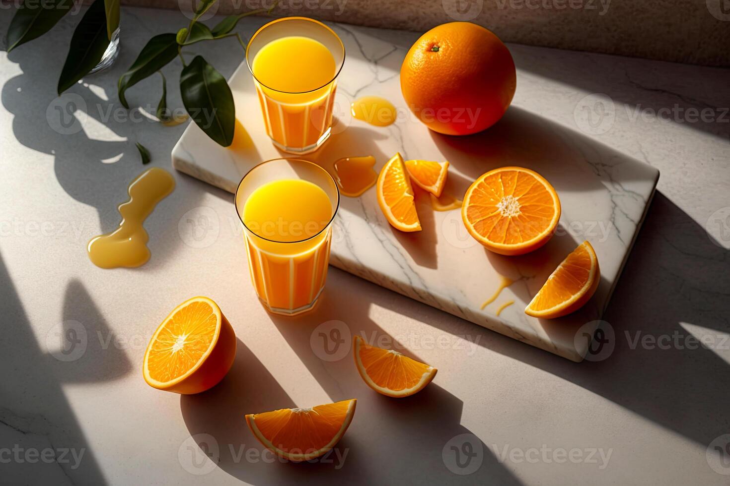 Commercial still life photo of orange juice with glasses over marble surface. .