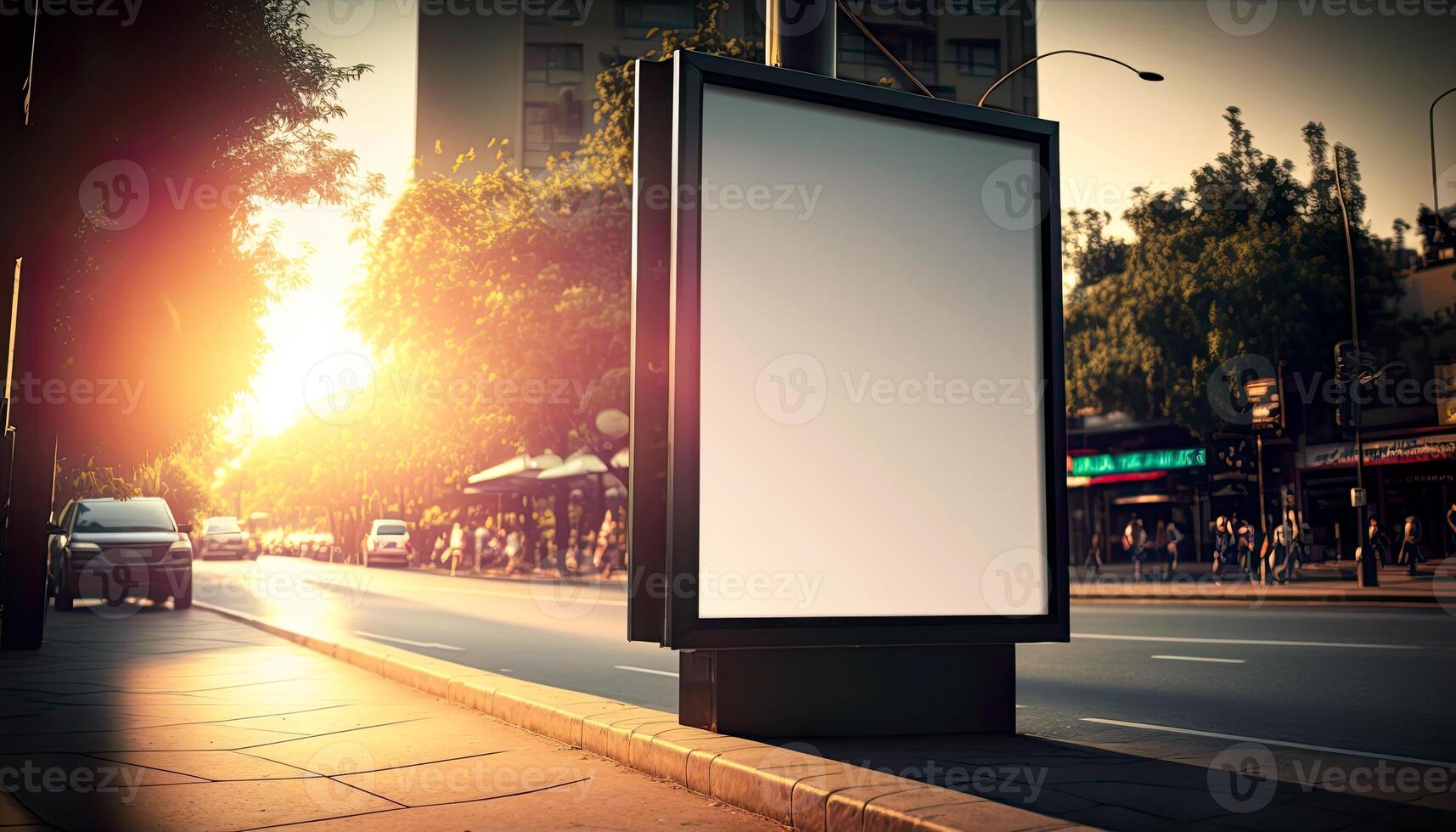 Vertical blank white billboard at bus stop on city street. . photo