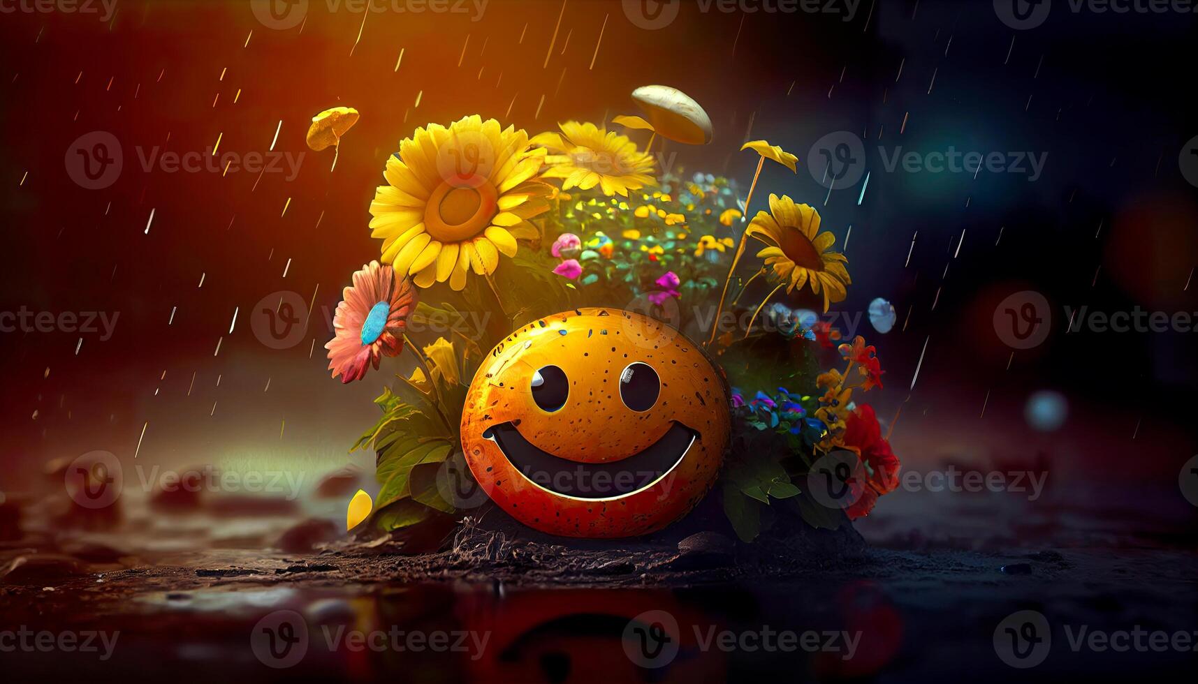 Render illustration design of cute happy face popping out of beautiful bouquet flowers. Happiness concept. Mental health concept. . photo