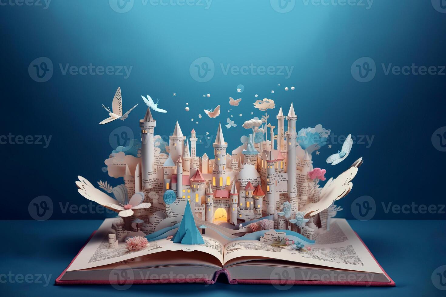 Open book with a fantasy world popping out. World book day. . photo