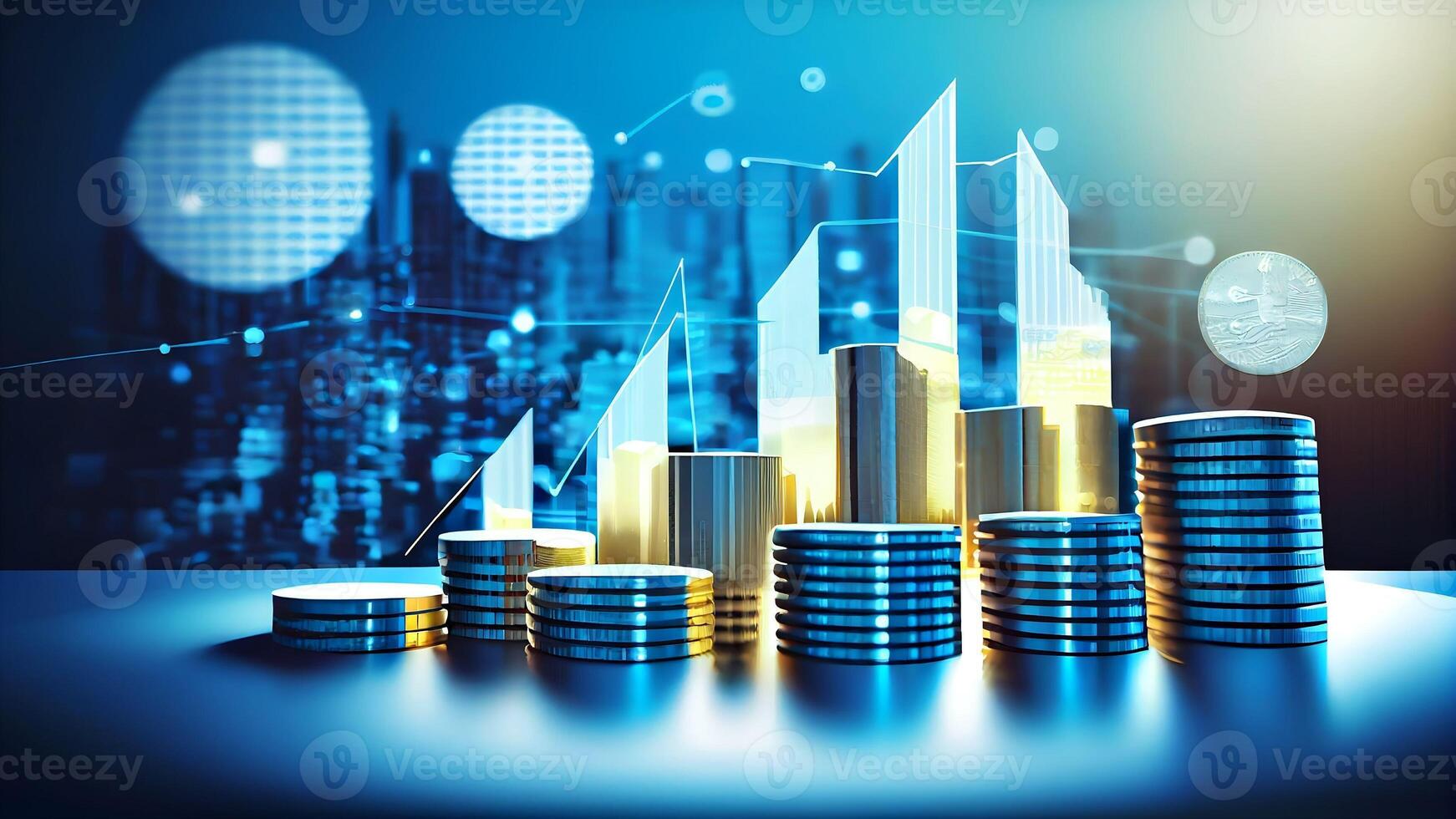 monedas con comercio gráfico en financiero conceptos con crecimiento financiero datos concepto o inversión mercado lucro bar y éxito mercado valores tecnología moneda reporte con generativo ai foto