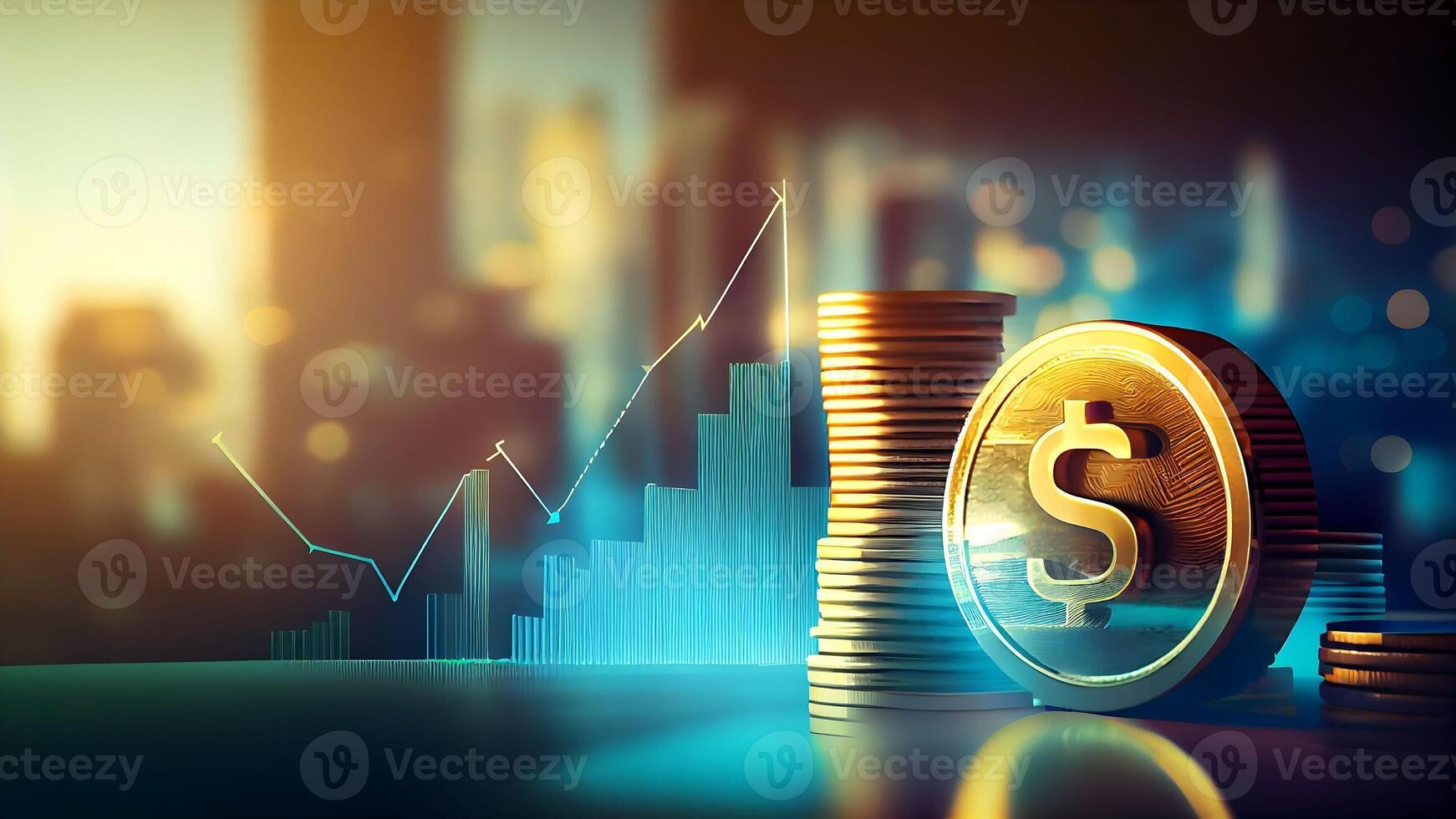 monedas con comercio gráfico en financiero conceptos con crecimiento financiero datos concepto o inversión mercado lucro bar y éxito mercado valores tecnología moneda reporte con generativo ai foto