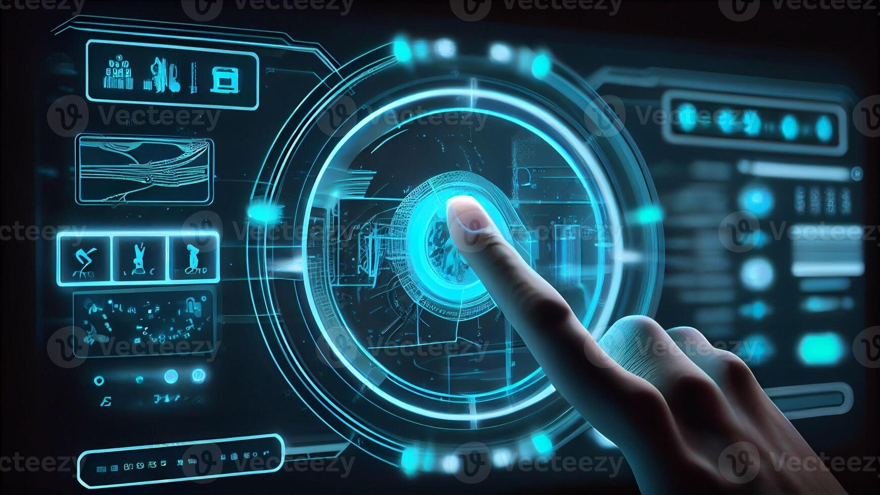 Person's hand touching complex pie chart on virtual screen with copy space with Technology. photo