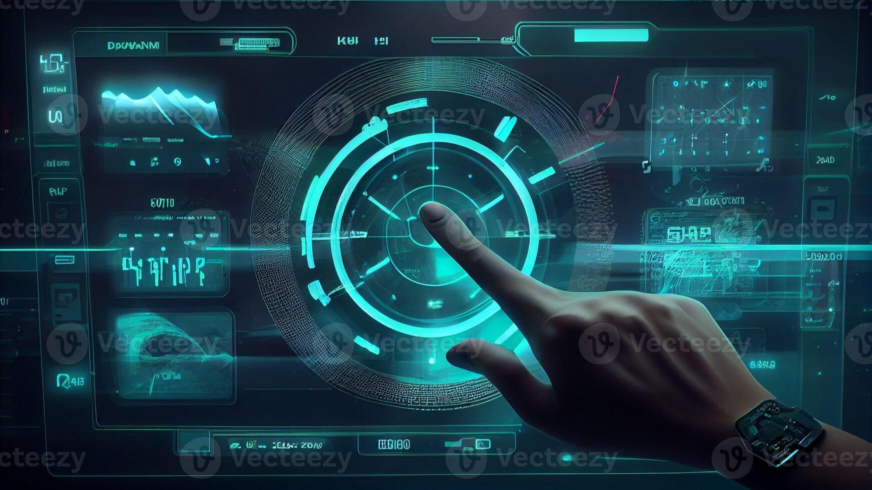 Person's hand touching complex pie chart on virtual screen with copy space with Technology. photo