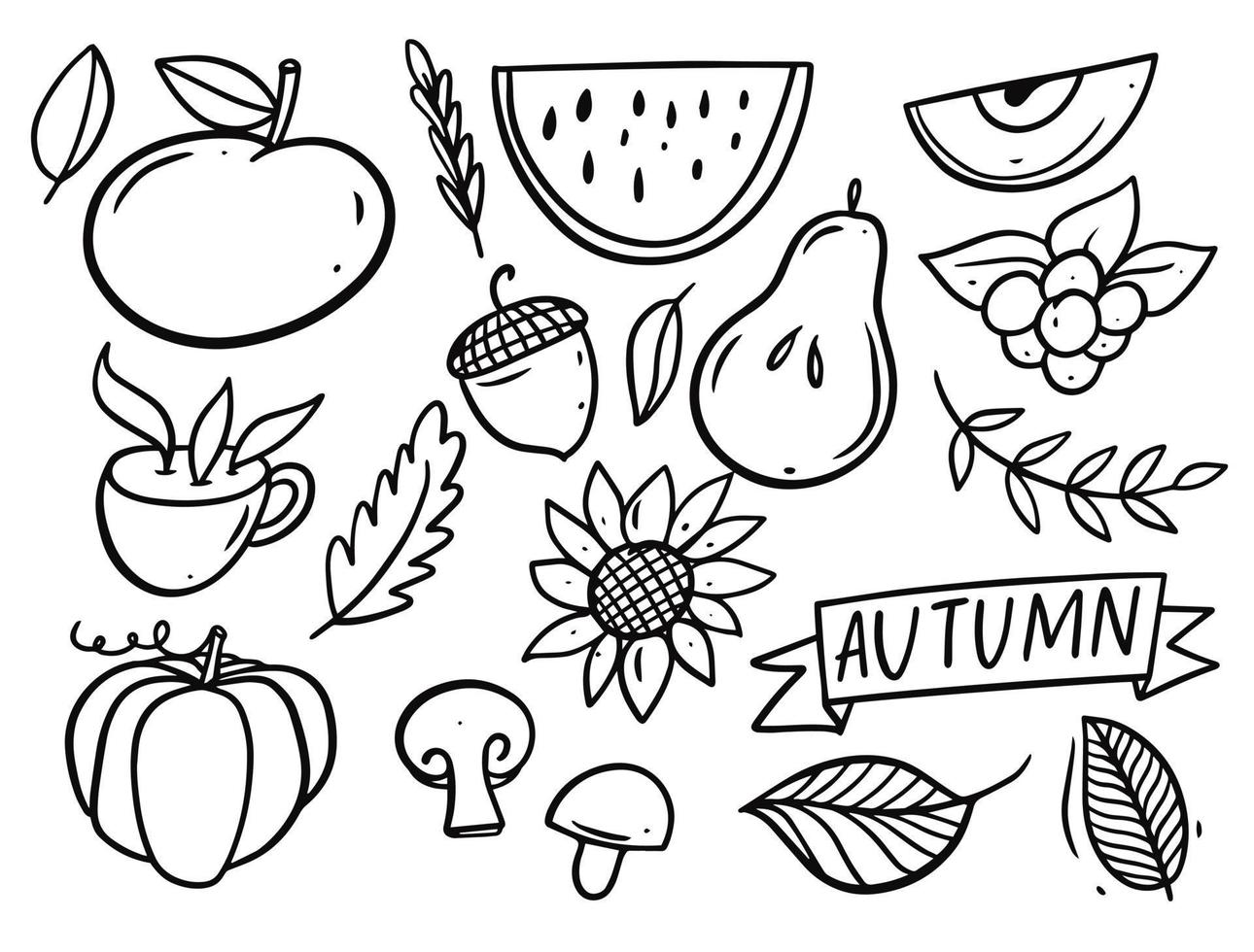 otoño comida y comer elementos colocar. mano dibujado negro color iconos vector