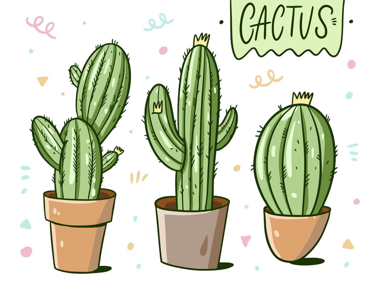 Different of cactus in a home potted. Cartoon style. Vector illustration isolated on white background.