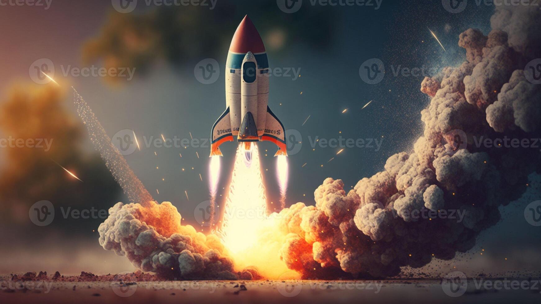 Spaceship takes off. Space shuttle on blur background with . photo