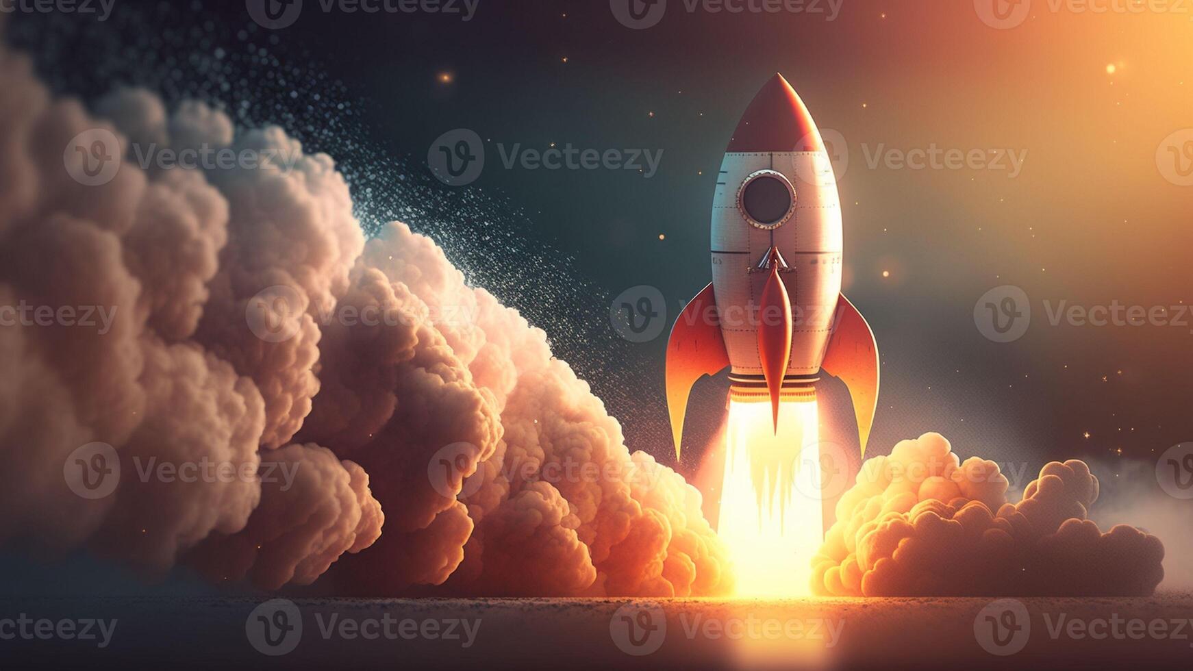 Spaceship takes off. Space shuttle on blur background with . photo