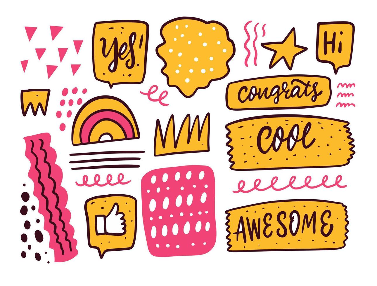 Abstract shapes and phrases doodle elements set. Hand drawn comic vector illustration.